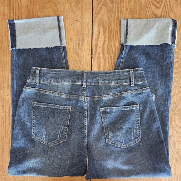 Womens Size 16 cropped cuffed boyfriend jeans medium dark Distressed BTN Zip - Picture 3 of 13